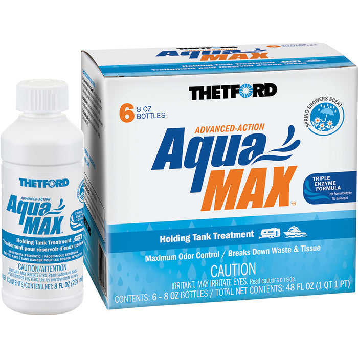 Tratamiento para tanque de retención Thetford Aquamax, paquete de 6, líquido de 8 onzas, aroma a ducha de primavera